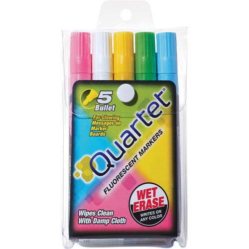 Quartet® Glo-Write® Fluorescent Markers, Wet-Erase, Assorted Colors, 5 Pack - Blue, Yellow, Pink, Green, White - 5 / Set