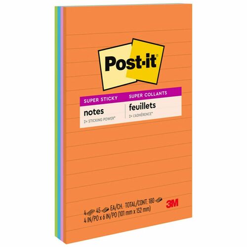 Post-it® Super Sticky Notes - Energy Boost Color Collection - 180 - 4" x 6" - Rectangle - 45 Sheets per Pad - Ruled - Vital Orange, Tropical Pink, Blue Paradise, Limeade - Paper - Self-adhesive, Repositionable - 4 / Pack