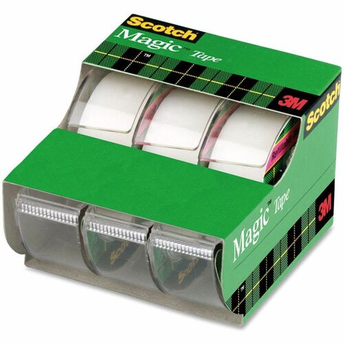 Scotch 3-Roll Tape Caddy - 25 ft Length x 0.75" Width - 1" Core - Permanent Adhesive Backing - Dispenser Included - Handheld Dispenser - For Mending, Splicing - 3 / Pack - Clear
