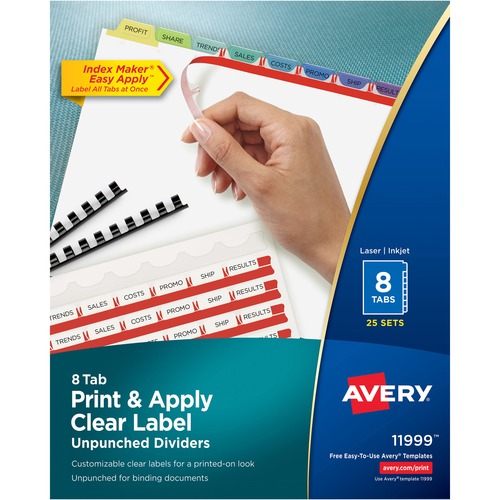 Avery® Index Maker Index Divider - 200 x Divider(s) - Print-on Tab(s) - 8 - 8 Tab(s)/Set - 8.5" Divider Width x 11" Divider Length - White Paper Divider - Multicolor Paper Tab(s) - 25 / Box
