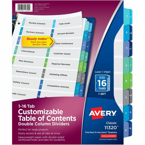 Avery® Two-Column Table Contents Dividers w/Tabs - 16 x Divider(s) - 1-16, Table of Contents - 16 Tab(s)/Set - 8.50" Divider Width x 11" Divider Length - 3 Hole Punched - White Paper Divider - Multicolor Paper Tab(s) - Index Dividers - AVE11320