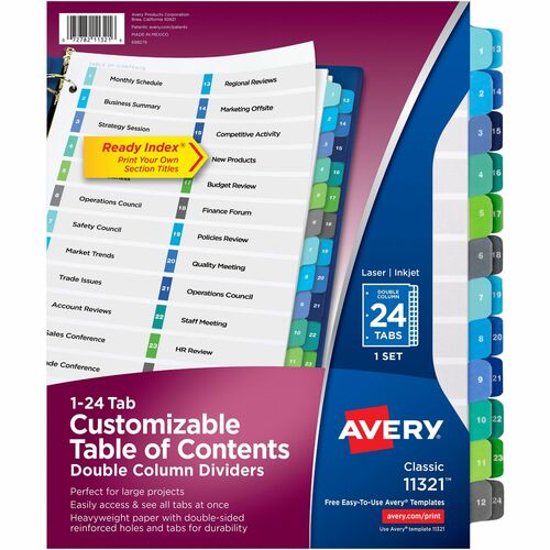 Avery® Ready Index® Double Column Table of Content Dividers, 24 tabs - 24 x Divider(s) - 1-24 - 24 Tab(s)/Set - 8.5" Divider Width x 11" Divider Length - 3 Hole Punched - White Paper Divider - Multicolor Paper Tab(s) - Recycled - 24 / Set