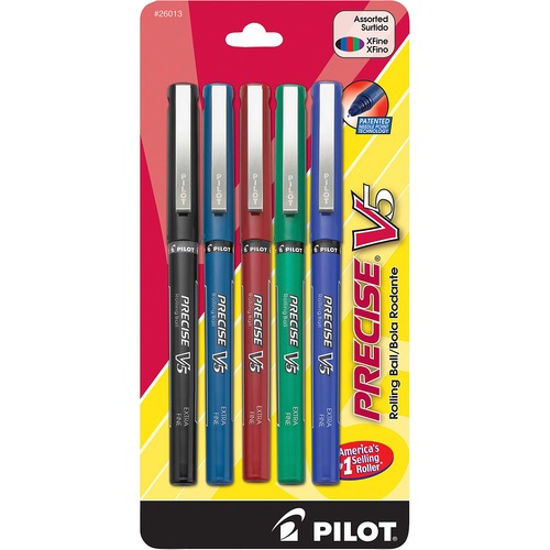 Pilot Precise V5 Extra-Fine Premium Capped Rolling Ball Pens - 0.5 mm Extra Fine Pen Point - Assorted Ink - 5 / Pack