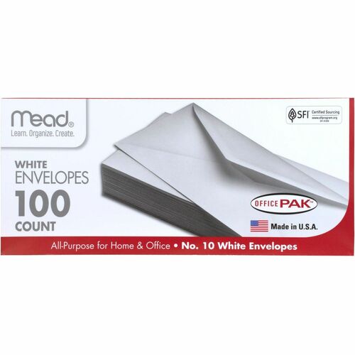 Mead Plain White Envelopes - Business - #10 - 4 1/8" Width x 9 1/2" Length - Gummed - 100 / Box - White