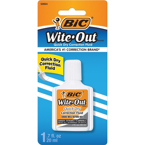 BIC Quick Dry Correction Fluid, White, 1 Pack - Foam Brush Applicator - 20 mL - White - Quick Drying, Spill Resistant - 1 / Pack