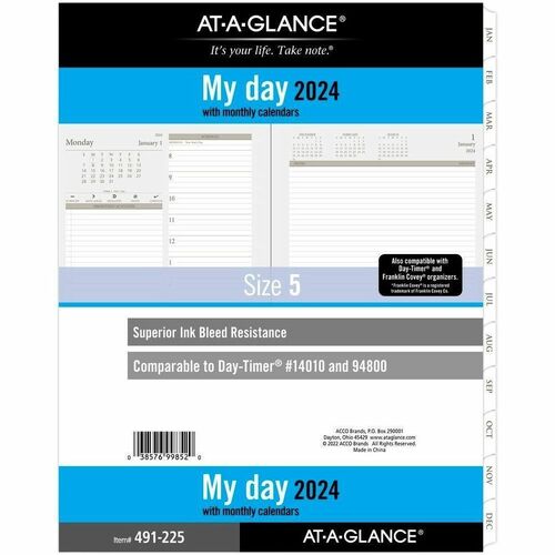 At-A-Glance 2024 Daily Planner Two Page Per Day Refill, Loose-Leaf, Folio Size, 8 1/2" x 11" - Julian Dates - Daily - 1 Year - January 2024 - December 2024 - Hourly - 1 Day Double Page Layout - 8 1/2" x 11" White Sheet - 7-ring - White - Paper - Tabbed, E