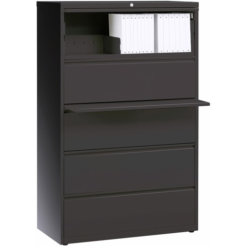 Lorell Fortress Series Lateral File w/Roll-out Posting Shelf - 36" x 18.6" x 67.7" - 5 x Drawer(s) - Legal, Letter, A4 - Lateral - Rust Proof, Leveling Glide, Interlocking - Charcoal - Baked Enamel - Steel - Recycled