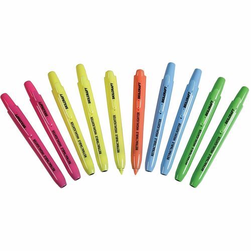 SKILCRAFT Retractable Highlighter - Medium, Fine Marker Point - Chisel Marker Point Style - Retractable - Yellow, Green, Blue, Pink, Orange - 10 / Set