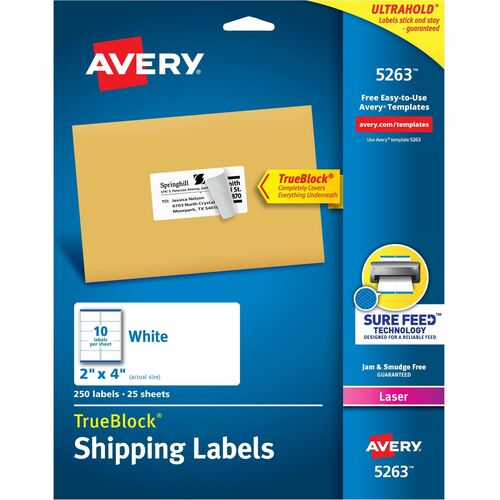 Avery® Shipping Labels, Sure Feed®, 2" x 4" , 250 Labels (5263) - 2" Width x 4" Length - Permanent Adhesive - Rectangle - Laser - White - Paper - 10 / Sheet - 25 Total Sheets - 250 Total Label(s) - 5 - Permanent Adhesive, Jam Resistant, Customizab