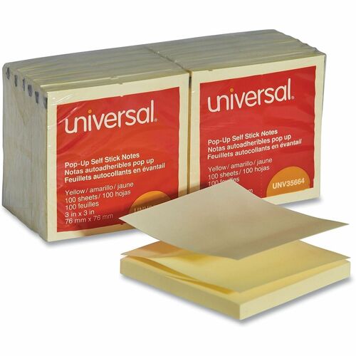 Universal Note Pad - 100 x Yellow - Square - 100 Sheets per Pad - Yellow - Self-stick, Residue-free, Fanfold, Pop-up, Repositionable, Adhesive - 12 / Pack