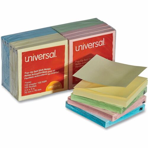 Universal Note Pad - 100 x Assorted Pastel - Square - 100 Sheets per Pad - Pastel Assorted - Self-stick, Residue-free, Fanfold, Pop-up, Repositionable, Adhesive - 12 / Pack