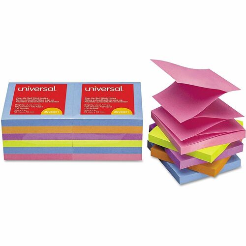Universal Note Pad - 100 x Bright Assorted - Square - 100 Sheets per Pad - Assorted Bright - Self-stick, Residue-free, Fanfold, Pop-up, Repositionable, Adhesive - 12 / Pack