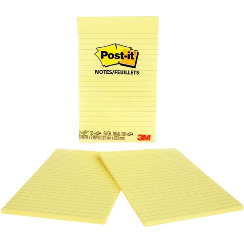Post-it® Notes, 5 in x 8 in, Canary Yellow, Lined, 2 Pads/Pack - 5" x 8" - 50 Sheets per Pad - Canary Yellow - Sticky, Adhesive, Recyclable - 2 / Pack