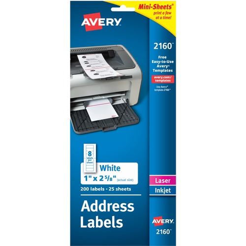 Avery® Mini-Sheets(R) Address Labels, Permanent Adhesive, 1" x 2-5/8" , 200 Labels (2160) - 1" Height x 2 5/8" Width - Permanent Adhesive - Rectangle - Laser, Inkjet - Bright White - Paper - 8 / Sheet - 25 Total Sheets - 200 Total Label(s) - 200 / Pac