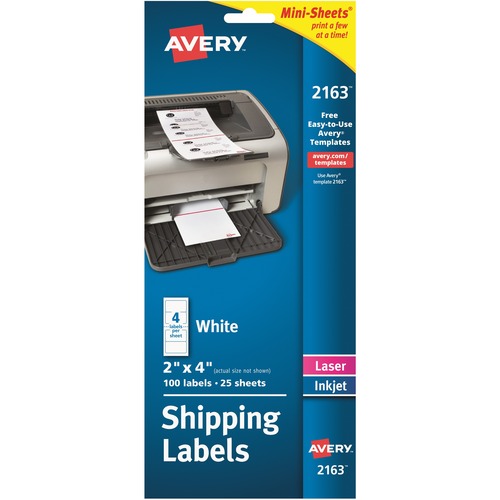 Avery® Mini-Sheets(R) Shipping Labels, Permanent Adhesive, 2" x 4" , 100 Labels (2163) - 2" Height x 4" Width - Permanent Adhesive - Rectangle - Laser, Inkjet - Bright White - Paper - 4 / Sheet - 25 Total Sheets - 100 Total Label(s) - 100 / Pack