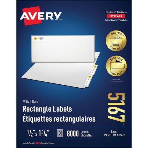 Avery® Easy Peel(R) Return Address Labels, Sure Feed(TM) Technology, Permanent Adhesive, 1/2" x 1-3/4" , 8,000 Labels (5167) - 1/2" Height x 1 3/4" Width - Permanent Adhesive - Rectangle - Laser - White - Paper - 80 / Sheet - 100 Total Sheets - 8000 T = AVE05167