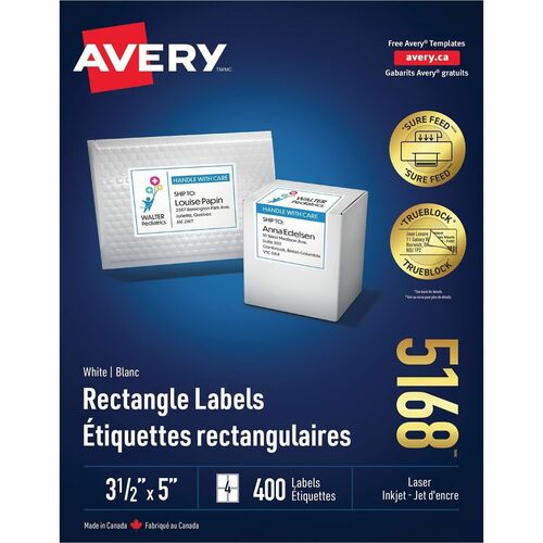 Avery® TrueBlock(R) Shipping Labels, Sure Feed(TM) Technology, Permanent Adhesive, 3-1/2" x 5" , 400 Labels (5168) - 3 1/2" Height x 5" Width - Permanent Adhesive - Rectangle - Laser - White - Paper - 4 / Sheet - 100 Total Sheets - 400 Total Label(s)  = AVE05168