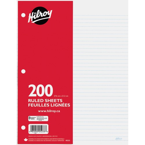 Hilroy 7mm Ruled With Margin Filler Paper - 200 Sheets - 3-ring Binding - 24 lb Basis Weight - 10 7/8" x 8 3/8" - White Paper - Hole-punched, Heavyweight, Tear Resistant - 200 / Pack = HLR05233