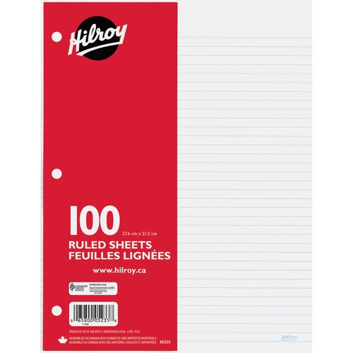 Hilroy 7mm Ruled With Margin Filler Paper - 100 Sheets - 3-ring Binding - 24 lb Basis Weight - 10 7/8" x 8 3/8" - White Paper - Hole-punched, Heavyweight, Tear Resistant - 100 / Pack - Filler Papers - HLR05235