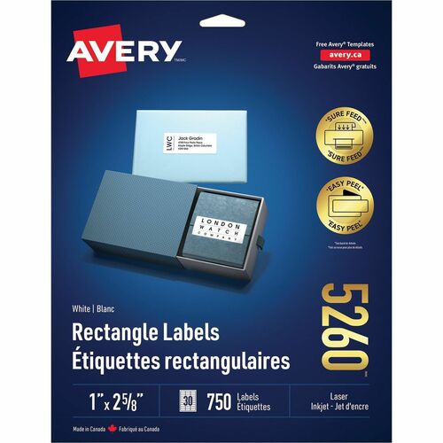 Avery White Rectangle Labels with Sure Feed&trade; Technology,Easy Peel, 1" x 2?" , for Laser and Inkjet Printers - 1" Height x 2 5/8" Width - Permanent Adhesive - Rectangle - Laser - White - Paper - 30 / Sheet - 25 Total Sheets - 750 Total Labe