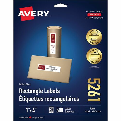 Avery® Easy Peel(R) Address Labels, Sure Feed(TM) Technology, Permanent Adhesive, 1" x 4" , 500 Labels (5261) - 1" Height x 4" Width - Permanent Adhesive - Rectangle - Laser - White - Paper - 20 / Sheet - 25 Total Sheets - 500 Total Label(s) - 500 / P