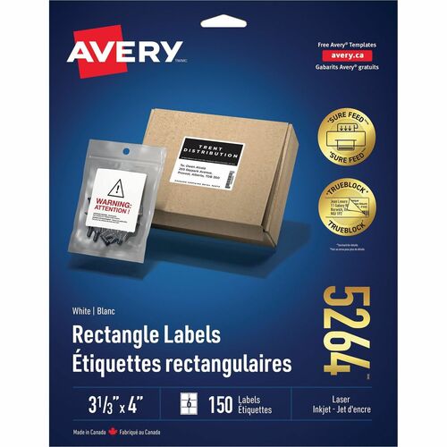 Avery® TrueBlock(R) Shipping Labels, Sure Feed(TM) Technology, Permanent Adhesive, 3-1/3" x 4" , 150 Labels (5264) - 3 1/3" Height x 4" Width - Permanent Adhesive - Rectangle - Laser - Bright White - Paper - 6 / Sheet - 25 Total Sheets - 150 Total Lab - Mailing & Address Labels - AVE5264