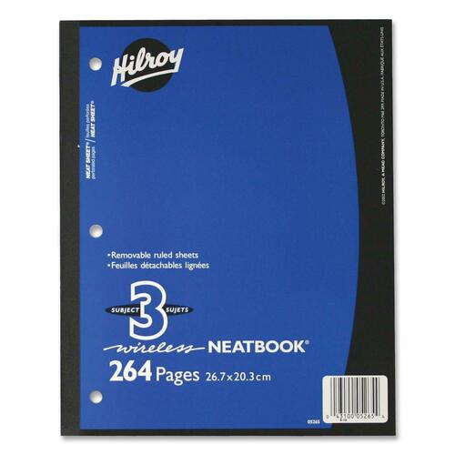 Hilroy Neatbooks Three Subject Notebook - 264 Sheets - 0.28" Ruled - Ruled - 8" x 10 1/2" - Assorted Paper - Perforated, Removable, Hole-punched - 1Each
