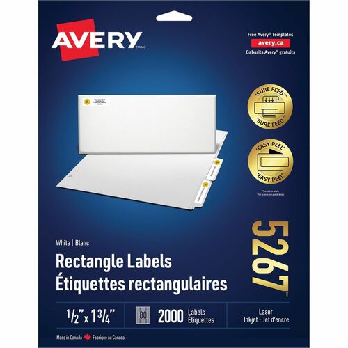 Avery® Easy Peel(R) Return Address Labels, Sure Feed(TM) Technology, Permanent Adhesive, 1/2" x 1-3/4" , 2,000 Labels (5267) - 1/2" Height x 1 3/4" Width - Permanent Adhesive - Rectangle - Laser - Bright White - Paper - 80 / Sheet - 25 Total Sheets - 