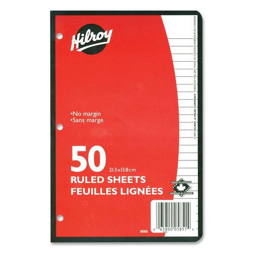Hilroy 7 mm 3-Hole Punched Ruled Filler Paper - 50 Sheets - 0.28" Ruled - 5 7/16" x 8 5/8" - White Paper - Hole-punched - 50 / Pack = HLR05851