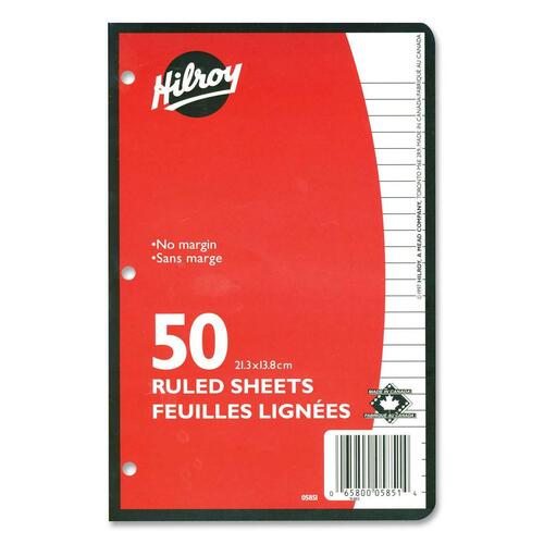 Hilroy 7 mm 3-Hole Punched Ruled Filler Paper - 50 Sheets - 0.28" Ruled - 5 7/16" x 8 5/8" - White Paper - Hole-punched - 50 / Pack - Filler Papers - HLR05851