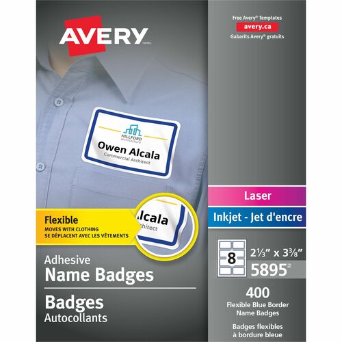 Avery Flexible Name Badgesfor Laser and Inkjet Printers, 3?" x 2?" , Blue Border - 2 1/3" Height x 3 3/8" Width - Removable Adhesive - Rectangle - Laser, Inkjet - Matte - White - Blue Border - Film - 8 / Sheet - 50 Total Sheets - 400 Total Label(s) -