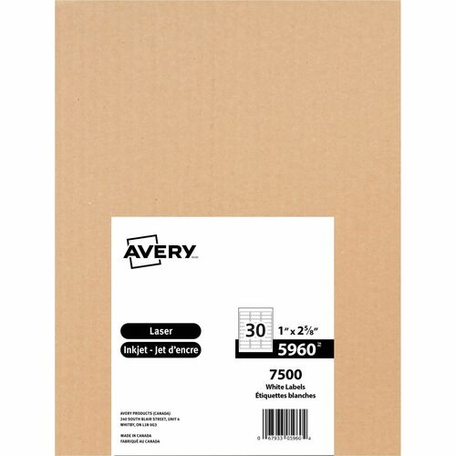 Avery® Easy Peel(R) Address Labels, Sure Feed(TM) Technology, Permanent Adhesive, 1" x 2-5/8" , 7,500 Labels (5960) - 1" Height x 2 5/8" Width - Permanent Adhesive - Rectangle - Laser - White - Paper - 30 / Sheet - 250 Total Sheets - 7500 Total Label(