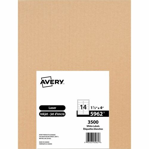 Avery® Easy Peel(R) Address Labels, Sure Feed(TM) Technology, Permanent Adhesive, 1-1/3" x 4" , 3,500 Labels (5962) - 1 21/64" Height x 4" Width - Permanent Adhesive - Rectangle - Laser - White - Paper - 14 / Sheet - 250 Total Sheets - 3500 Total Labe