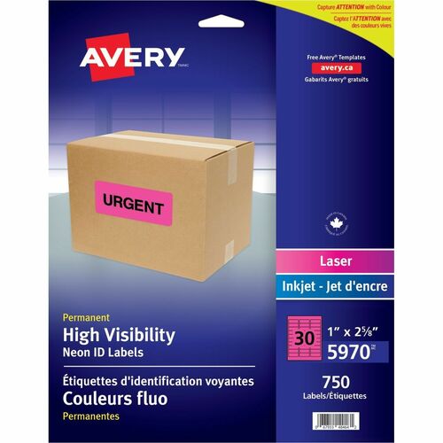 Avery® Neon Address Labels with Sure Feed(TM) for Laser Printers, 1" x 2 5/8" , 750 Pink Labels (5970) - 1" Height x 2 5/8" Width - Permanent Adhesive - Rectangle - Laser - Neon Pink - Paper - 30 / Sheet - 25 Total Sheets - 750 Total Label(s) - 750 / 