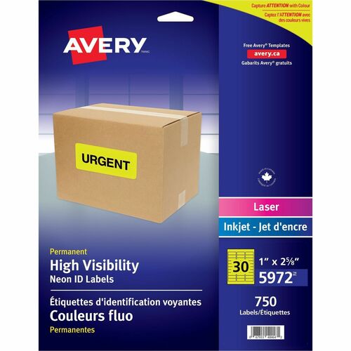 Avery® Neon Address Labels with Sure Feed(TM) for Laser Printers, 1" x 2 5/8" , 750 Yellow Labels (5972) - 1" Height x 2 5/8" Width - Permanent Adhesive - Rectangle - Laser - Neon Yellow - Paper - 30 / Sheet - 25 Total Sheets - 750 Total Label(s) - 75