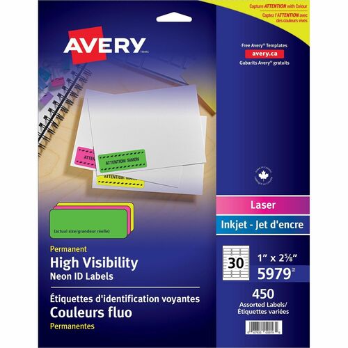 Avery® Neon Address Labels with Sure Feed(TM) for Laser Printers, 1 x 2 5/8" , Assorted Colors, 450 Labels (5979) - 1" Height x 2 5/8" Width - Permanent Adhesive - Rectangle - Laser - Neon Magenta, Neon Green, Neon Yellow - Paper - 30 / Sheet - 15 Tot