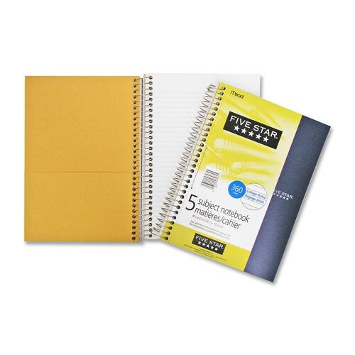 Hilroy Five Subject Notebook - 180 Sheets - Wire Bound - 6" x 9 1/2" - Assorted Paper - Poly Cover - Subject, Spiral Lock, Pocket Divider, Perforated, Durable Cover, Easy Tear - 1Each