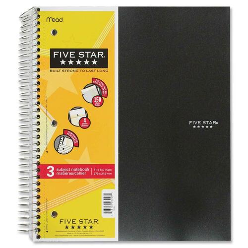 Hilroy Three Subject Notebook - 150 Sheets - Wire Bound - 8 1/2" x 11" - Assorted Paper - Poly Cover - Spiral Lock, Pocket Divider, Subject, Perforated, Durable Cover, Easy Tear - 1Each