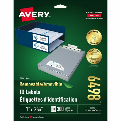 Avery® Multipurpose Label - 1" x 2 5/8" Length - Removable Adhesive - Rectangle - Laser - White - 300 / Pack = AVE06498