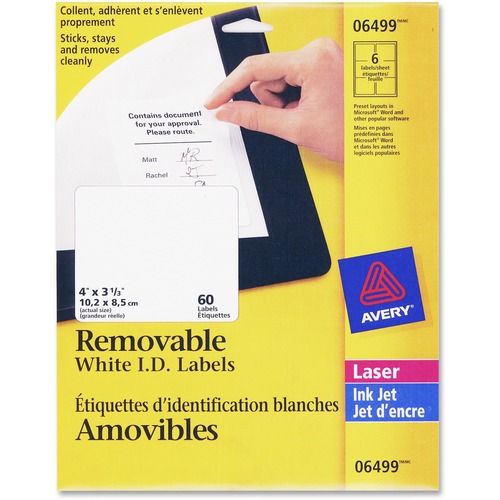 Avery Removable ID Labelsfor Laser and Inkjet Printers, 4" x 3?" - 4" Width x 3 1/3" Length - Removable Adhesive - Rectangle - Laser - White - 60 / Pack