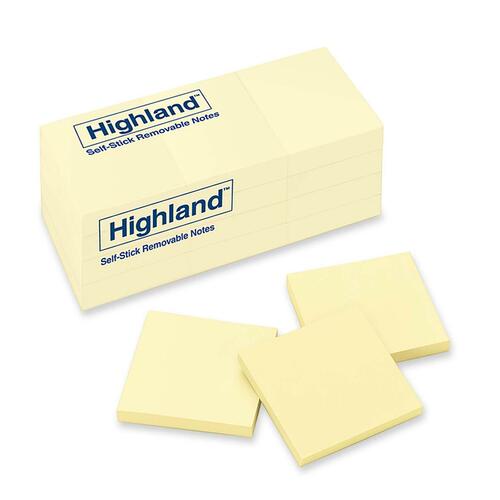 Highland Self-Sticking Note Pads - 1200 x Yellow - 3" x 5" - Rectangle - Yellow - Paper - Self-adhesive, Removable, Repositionable - 12 / Pack