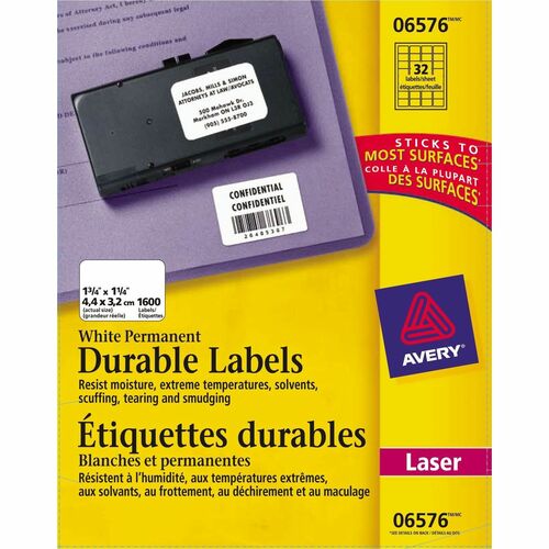 Avery® Durable ID Labels, Permanent Adhesive, 1-1/4" x 1-3/4" , 1,600 Labels (6576) - 1 3/4" Height x 1 1/4" Width - Permanent Adhesive - Rectangle - Laser - White - Film, Polyester - 32 / Sheet - 50 Total Sheets - 1600 Total Label(s) - 1600 / Pack