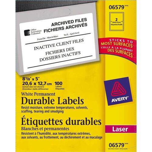 Avery® Permanent Durable ID Labels, TrueBlock(R), 5" x 8-1/8" , Matte White, 100 Labels (6579) - 5" Height x 8 1/8" Width - Permanent Adhesive - Rectangle - Laser - White - Film - 2 / Sheet - 50 Total Sheets - 100 Total Label(s) - 100 / Pack - Mailing & Address Labels - AVE06579