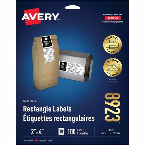 Avery® Mailing Label - 4" x 2" Length - Permanent Adhesive - Rectangle - Inkjet - White - 100 / Pack - Smudge Proof, Jam-free, Write-on Label = AVE08923