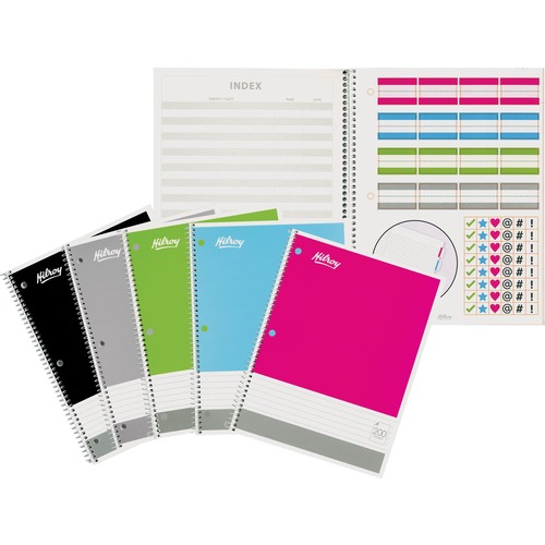 Hilroy Coil Notebook - 100 Sheets - 200 Pages - Ruled - White Paper - Black, Pink, Gray, Green, Blue Cover - Index Card - 1Each