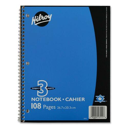 Hilroy Coil Three Subject Book - 108 Sheets - Wire Bound - 0.28" Ruled - Ruled - 8" x 10 1/2" - Subject - 1Each - Memo / Subject Notebooks - HLR13111