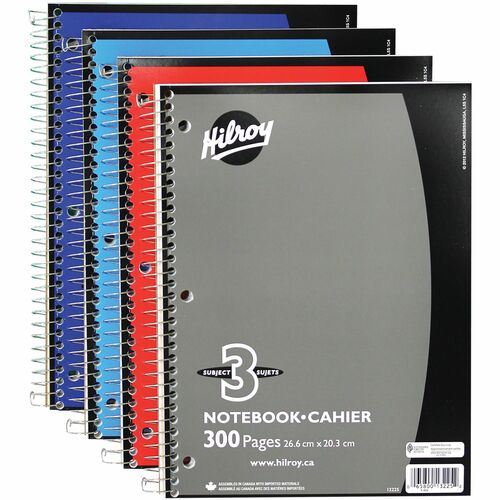 Hilroy Executive Coil Three Subject Notebook - 300 Sheets - Coilock - 0.28" Ruled - 8" x 10 1/2" - Assorted Cover - Subject, Hole-punched - 1Each - Memo / Subject Notebooks - HLR13225