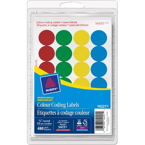 Avery® Color Coded Label - Removable Adhesive - Circle - Laser, Inkjet - Assorted - 288 / Box