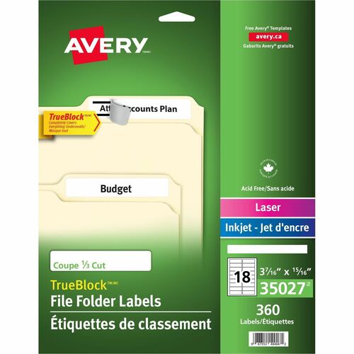 Avery® Extra Large Filing Label - 15/16" x 3 7/16" Length - Rectangle - Laser, Inkjet - White - 360 / Pack - Filing Labels & Systems - AVE35027