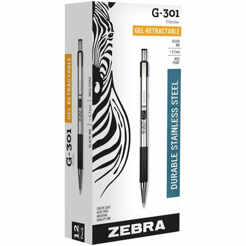Zebra Pen G-301 Retractable Ballpoint Pen - 0.7 mm Pen Point Size - Refillable - Retractable - Black Gel-based Ink - Stainless Steel Barrel - 1 Each - Ballpoint Retractable Pens - ZEB41310